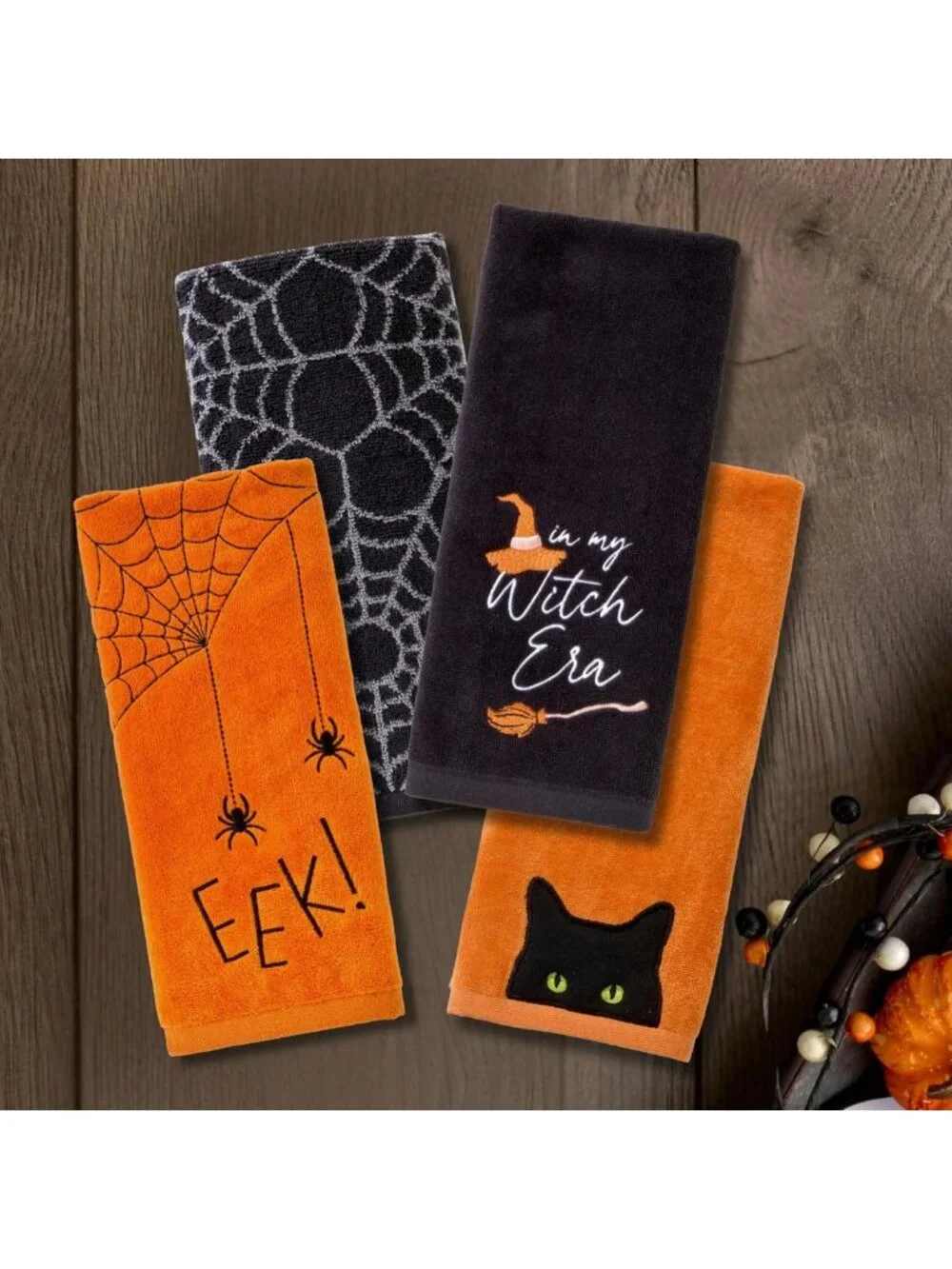 100% Cotton Halloween Hand Towel Set - Embroidered Decorative Towels for